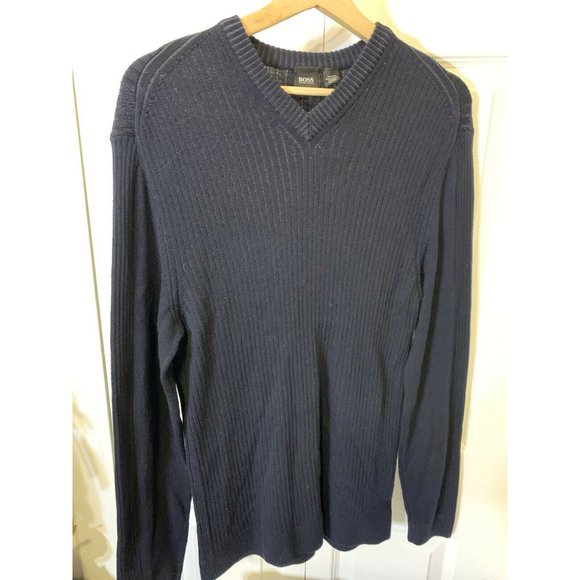 Hugo‎ Boss Midnight Blue Stripe V Neck Wool Sweater - Picture 2 of 6